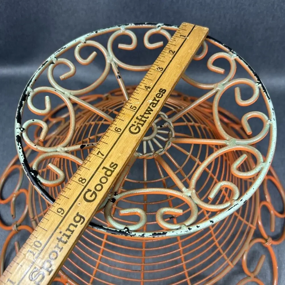 Vintage Orange Metal Wire Fruit Basket Footed Large Centerpiece Bowl Scrollwork